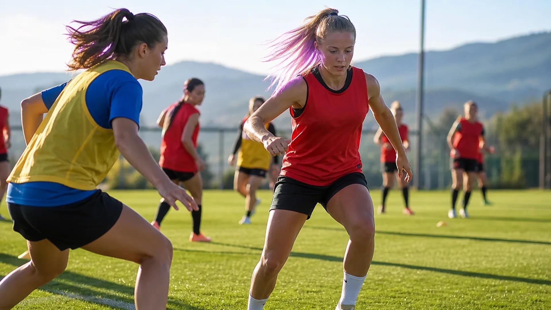 Emilia Hirche dribbling a soccer ball during training at SC Braga.
