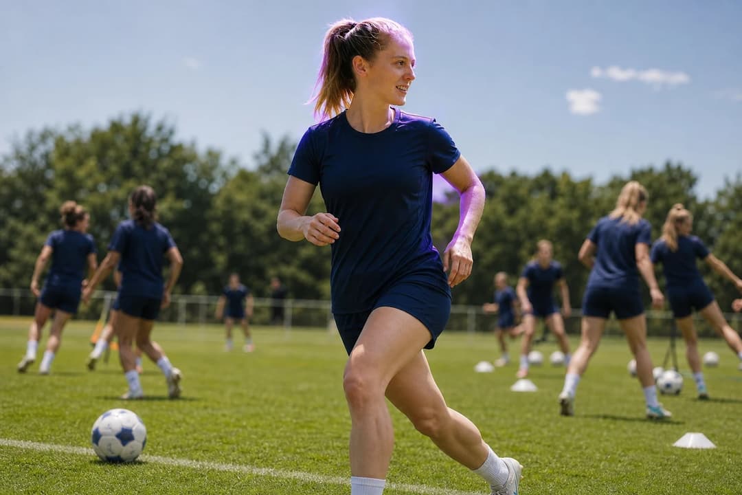 Keira Walsh participating in a technical training drill with 1. FC Köln's women's squad in bright sunlight.