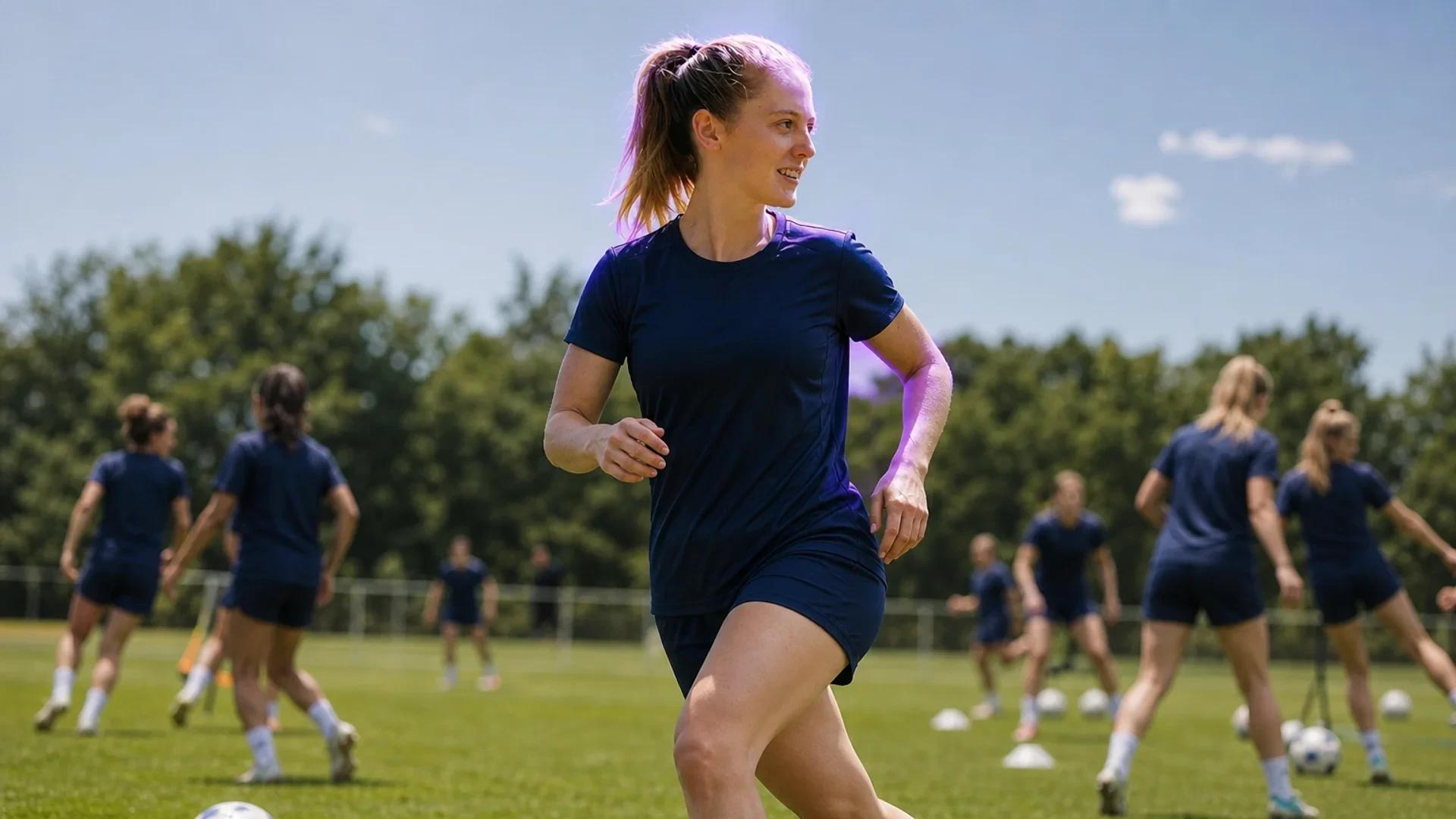 Keira Walsh participating in a technical training drill with 1. FC Köln's women's squad in bright sunlight.