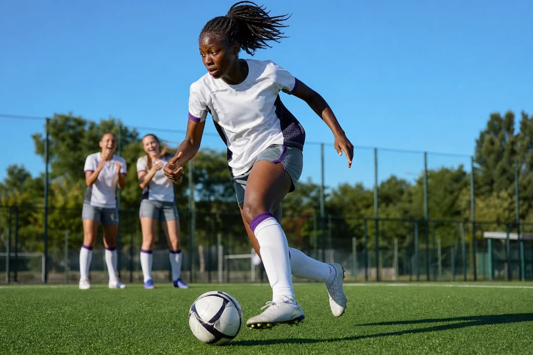 Kadidia Traoré dribbles a soccer ball on a bright pitch, surrounded by cheering teammates.