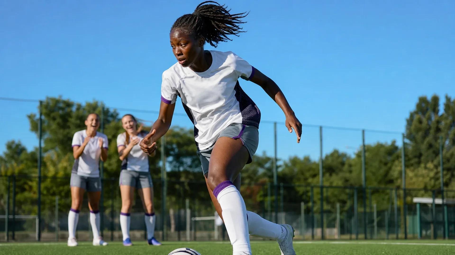 Kadidia Traoré dribbles a soccer ball on a bright pitch, surrounded by cheering teammates.