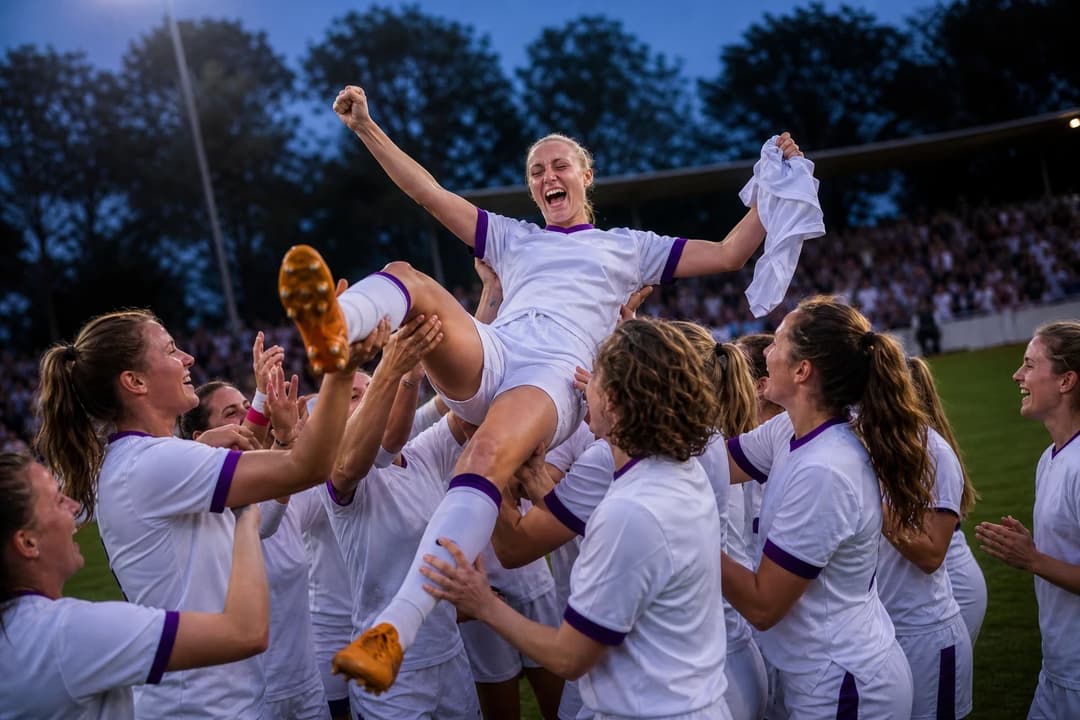 A women's football team celebrates on the pitch with arms raised in a huddle, with fans cheering in the background.