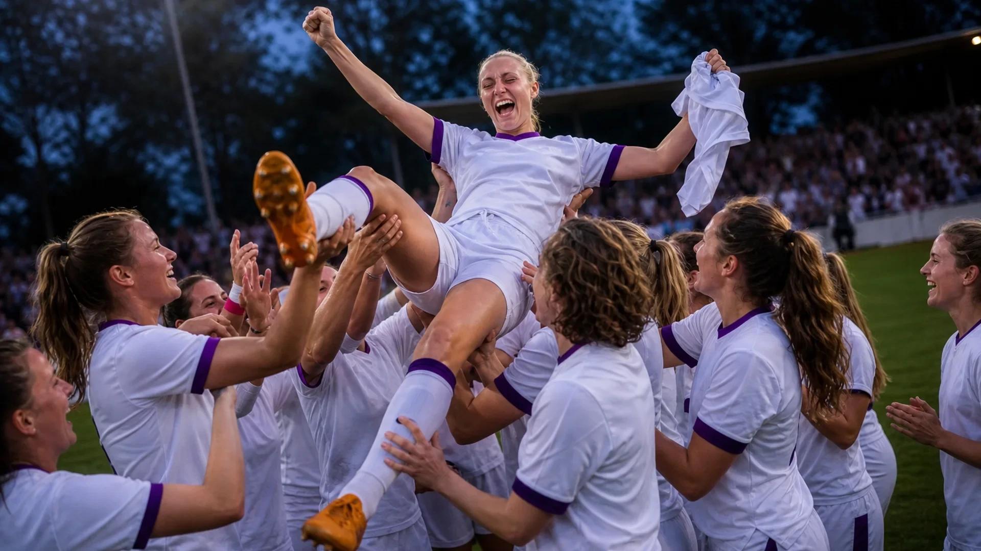 A women's football team celebrates on the pitch with arms raised in a huddle, with fans cheering in the background.