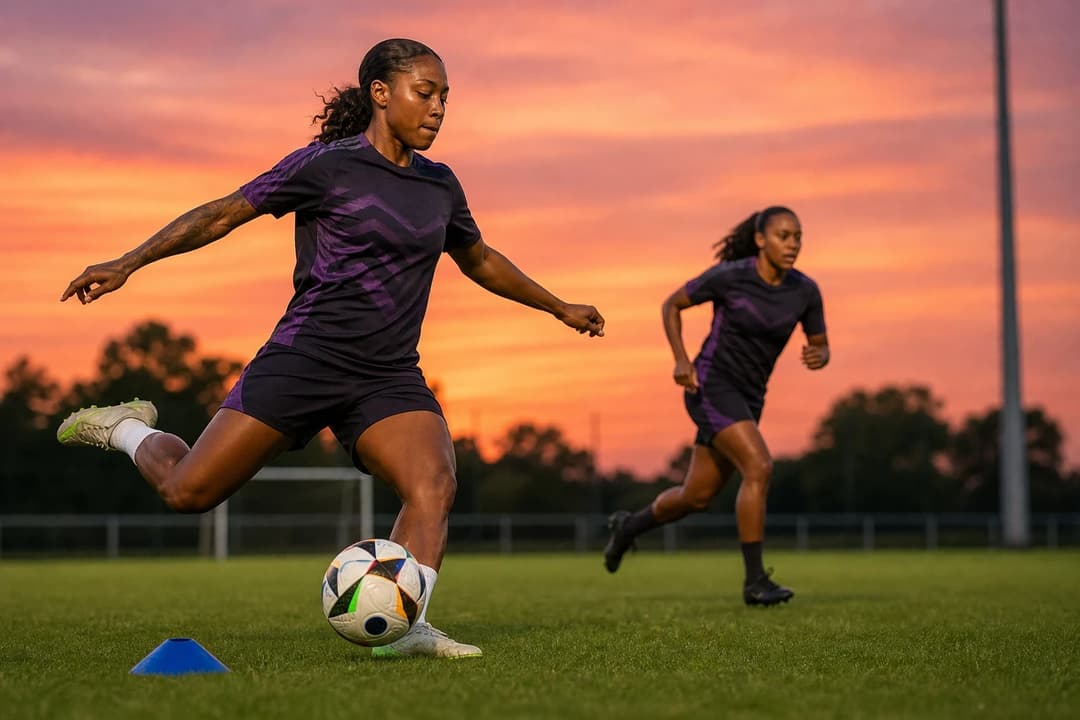 Two female football players training outdoors on a vibrant green field during sunset.