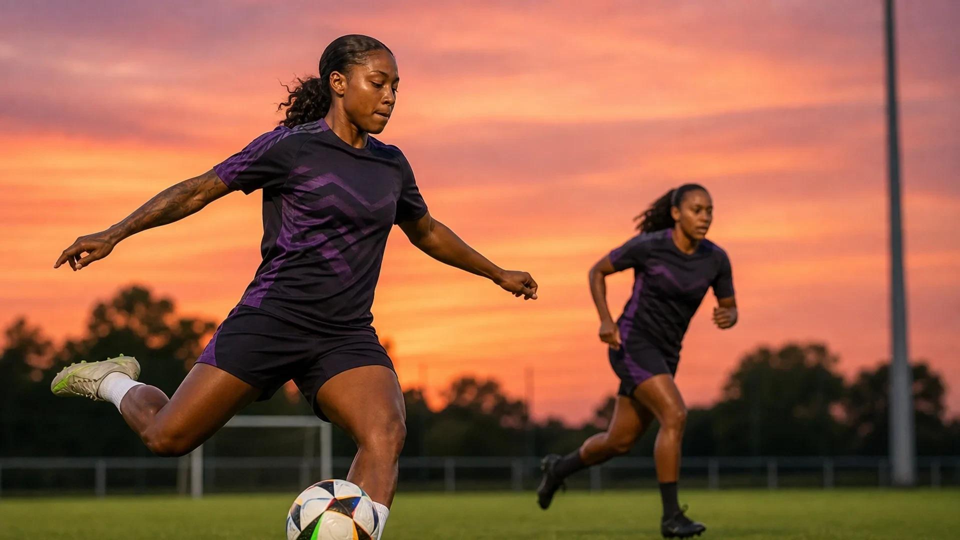 Two female football players training outdoors on a vibrant green field during sunset.