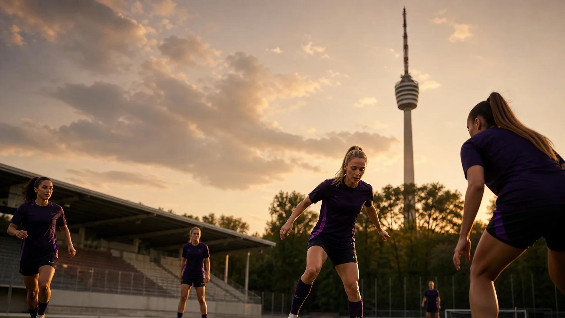 VfB Stuttgart women's football team practicing at Gazi-Stadion, with Stuttgart TV tower in the background.