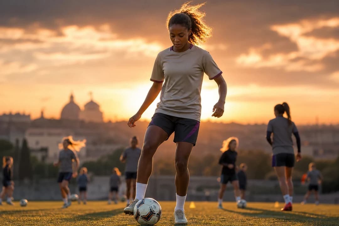 A young female soccer player stands confidently on a training pitch during sunset, symbolizing a new chapter in her career.