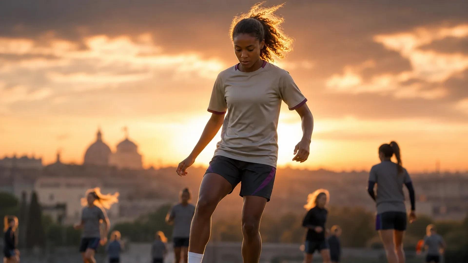 A young female soccer player stands confidently on a training pitch during sunset, symbolizing a new chapter in her career.