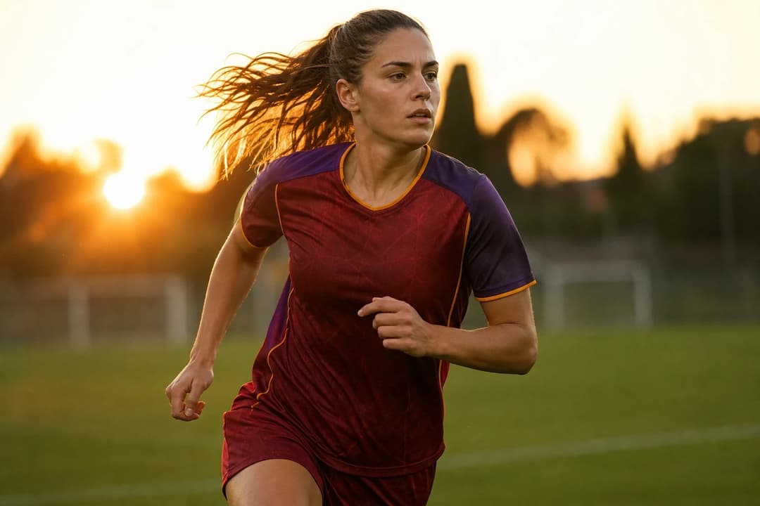 A female footballer sprinting on a training pitch during sunset.