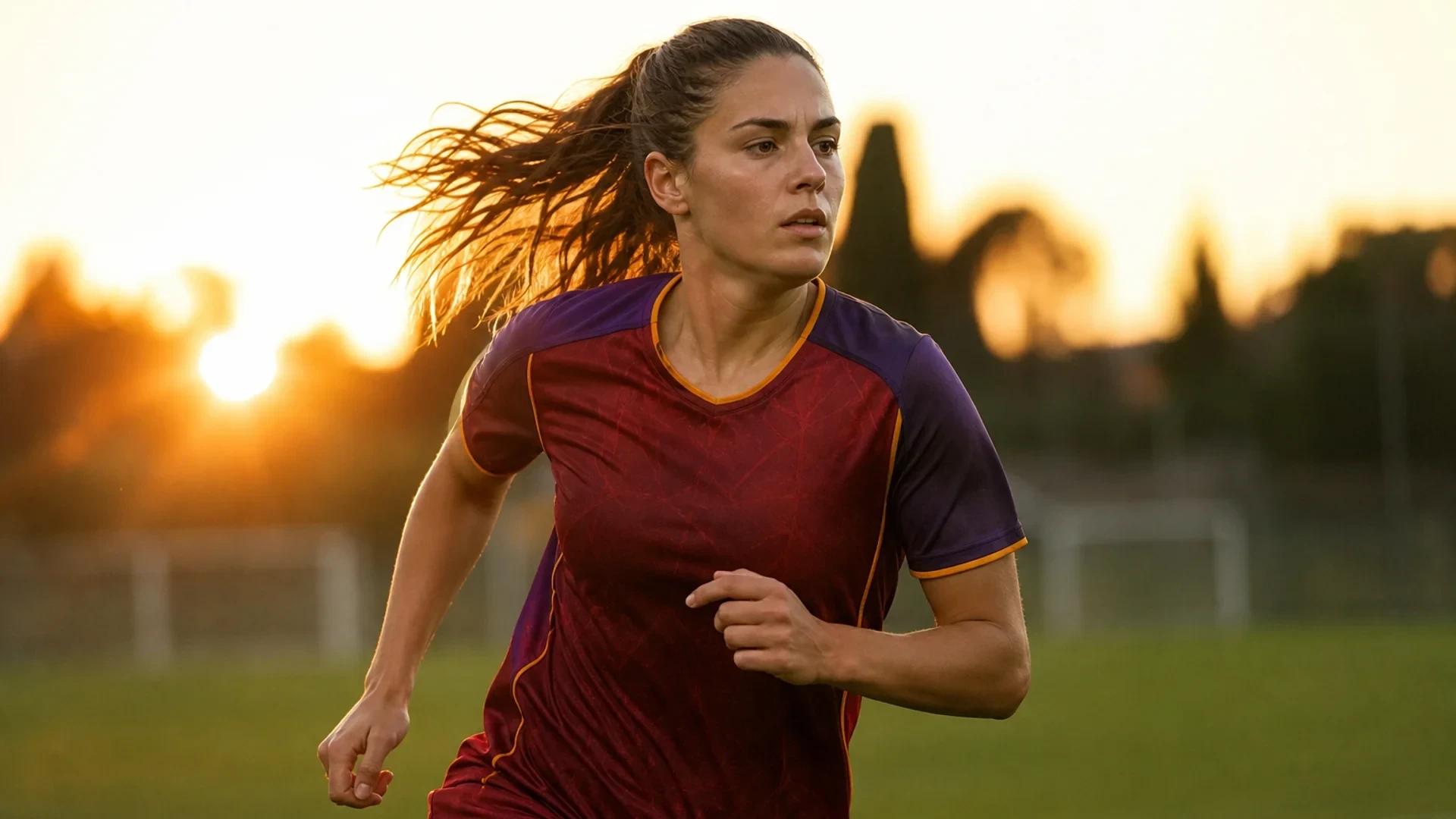 A female footballer sprinting on a training pitch during sunset.