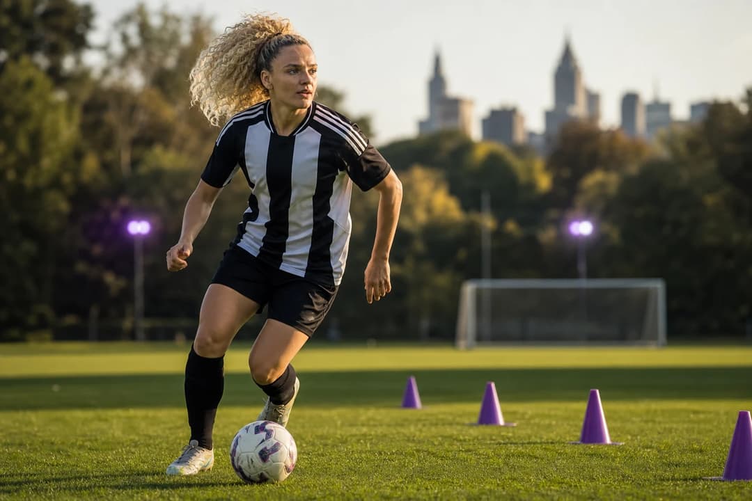 Leanne Kiernan dribbling on a training pitch, focused and energetic.