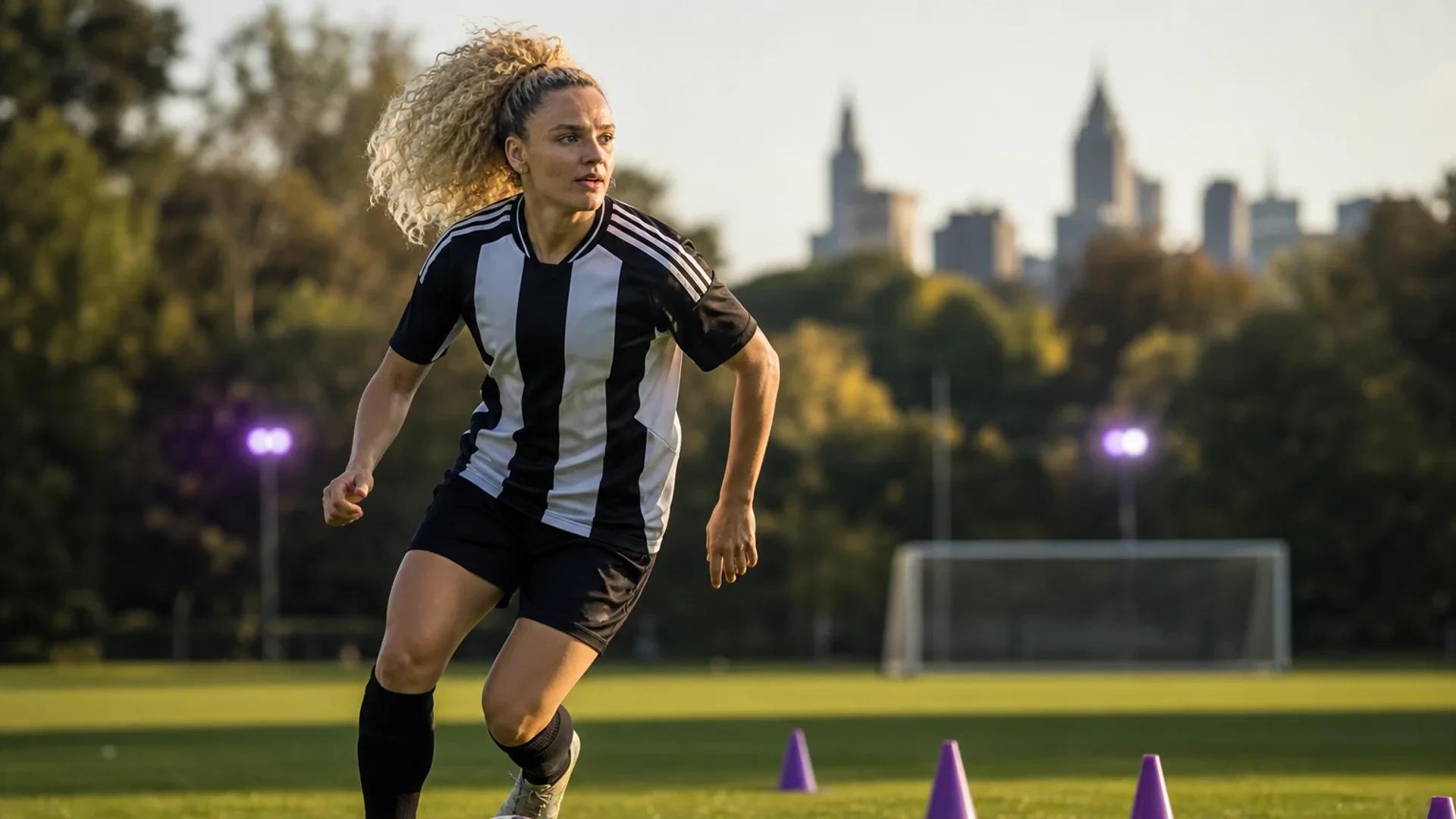 Leanne Kiernan dribbling on a training pitch, focused and energetic.