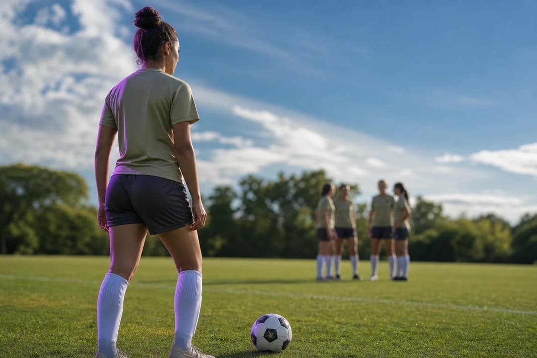 A female football player getting ready to take a free kick on a vibrant green pitch.