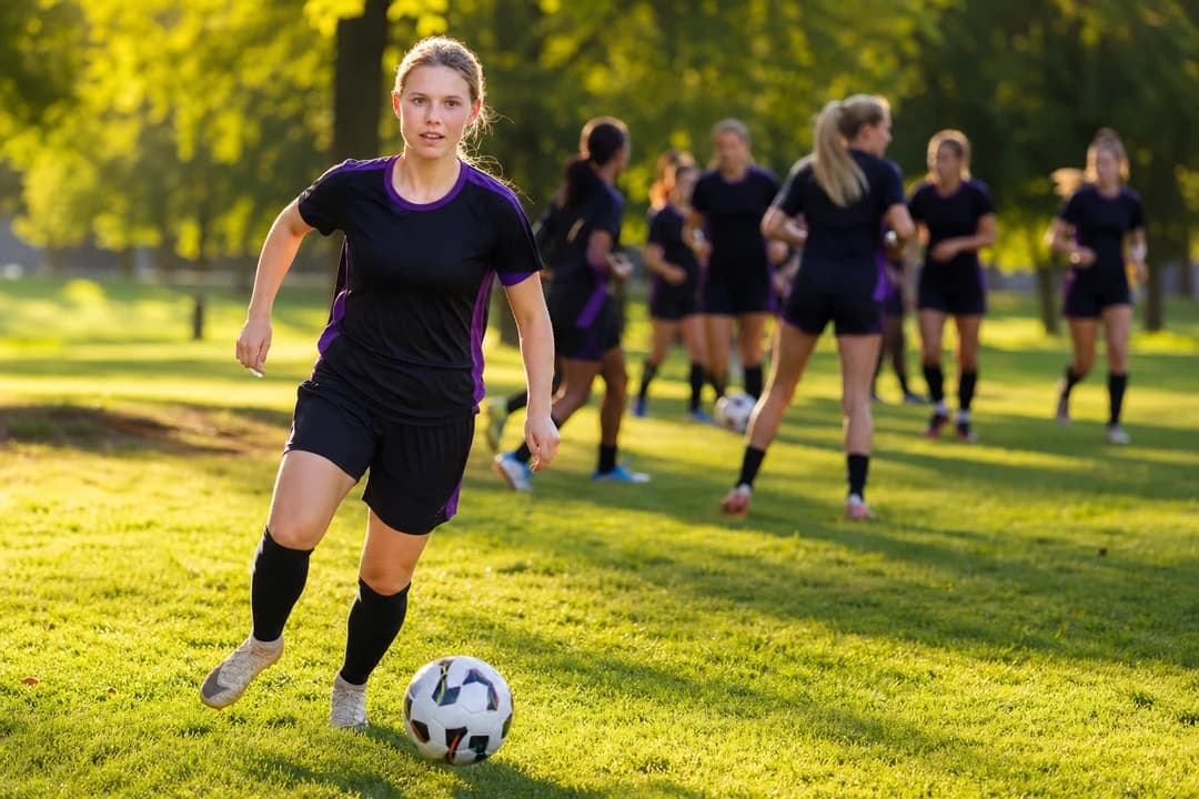 A female football player training with a ball in a sunny park surrounded by other players.