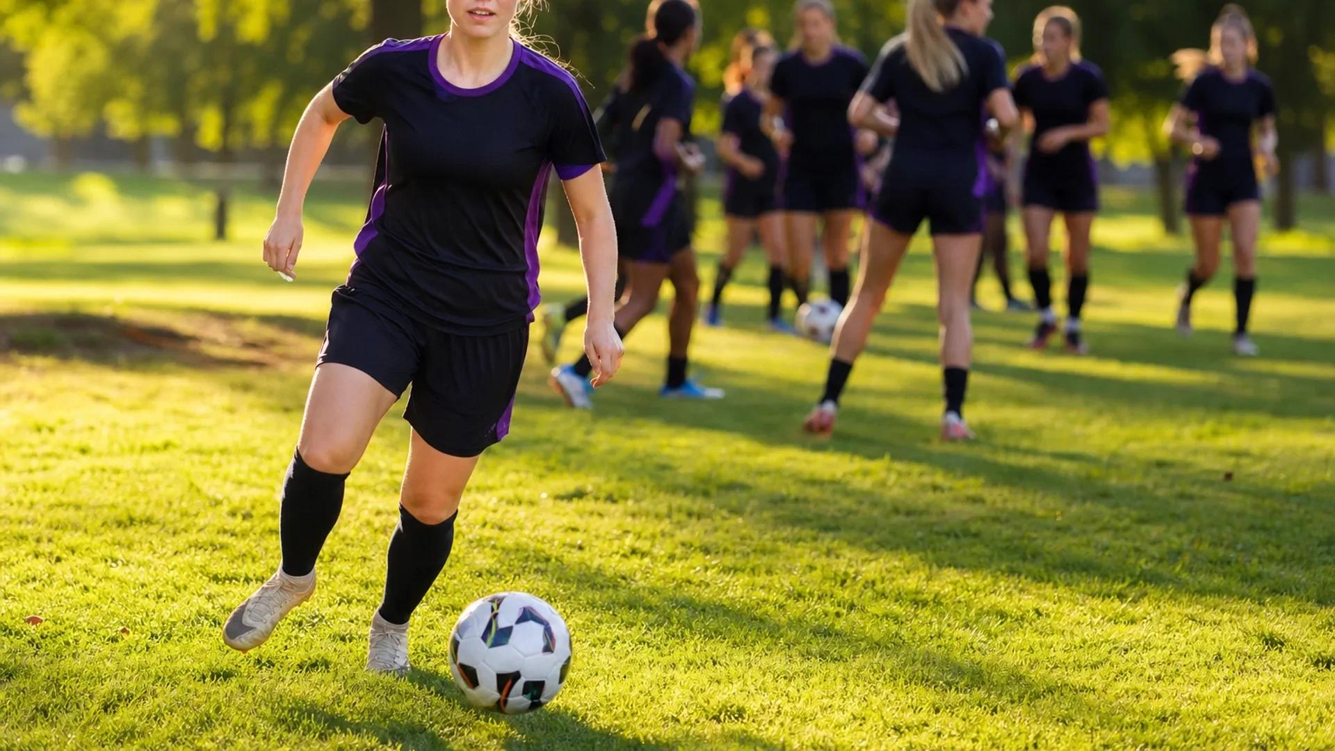 A female football player training with a ball in a sunny park surrounded by other players.