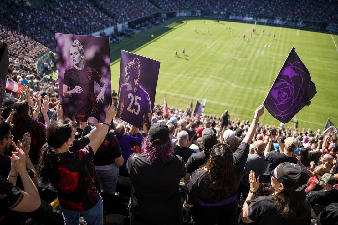 Aerial view of excited fans in a stadium celebrating a soccer player's career.