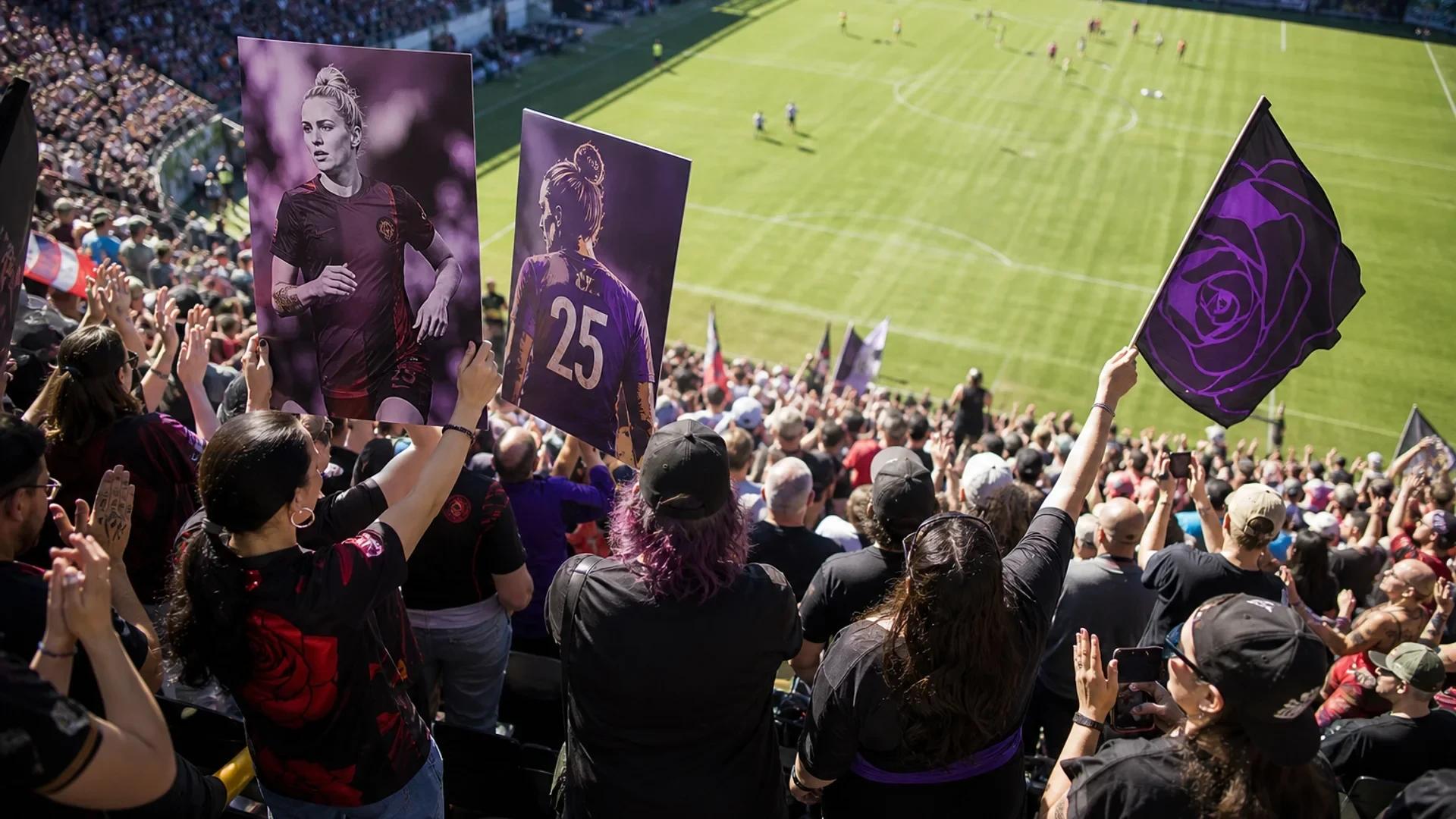Aerial view of excited fans in a stadium celebrating a soccer player's career.