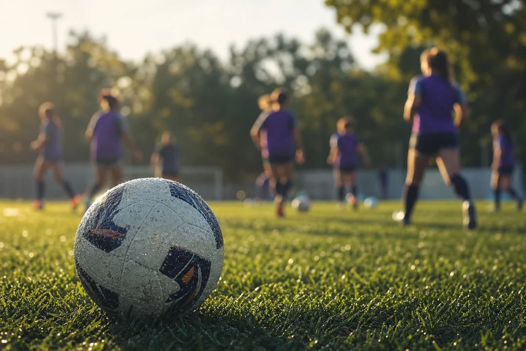 A close-up of a soccer ball on grass with blurred figures training in the background.