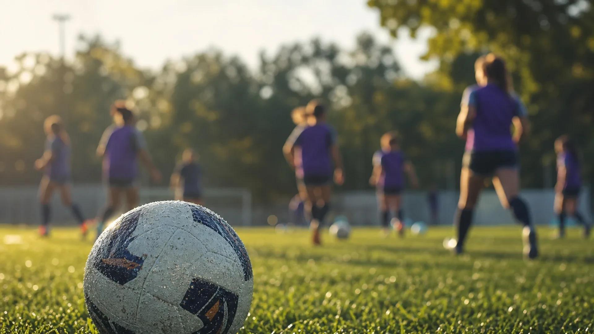 A close-up of a soccer ball on grass with blurred figures training in the background.