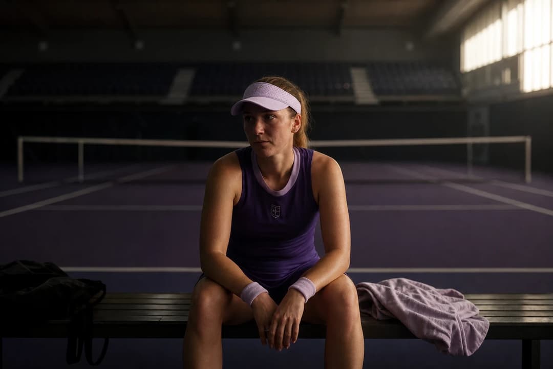 A female tennis player seated on a bench after a match, illuminated by soft window light.
