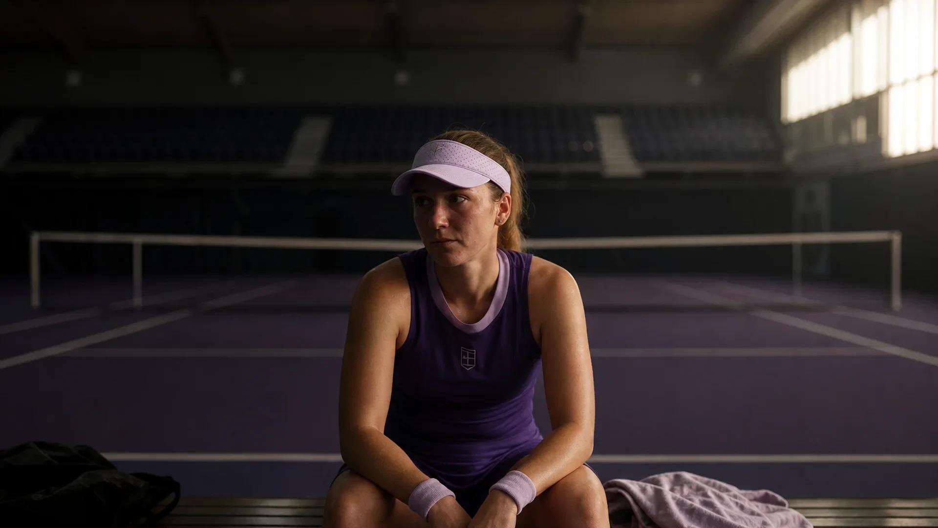 A female tennis player seated on a bench after a match, illuminated by soft window light.
