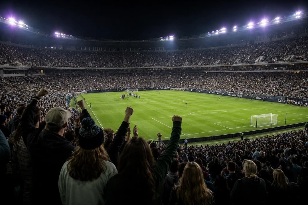 Wide shot of a packed stadium just before a soccer match.