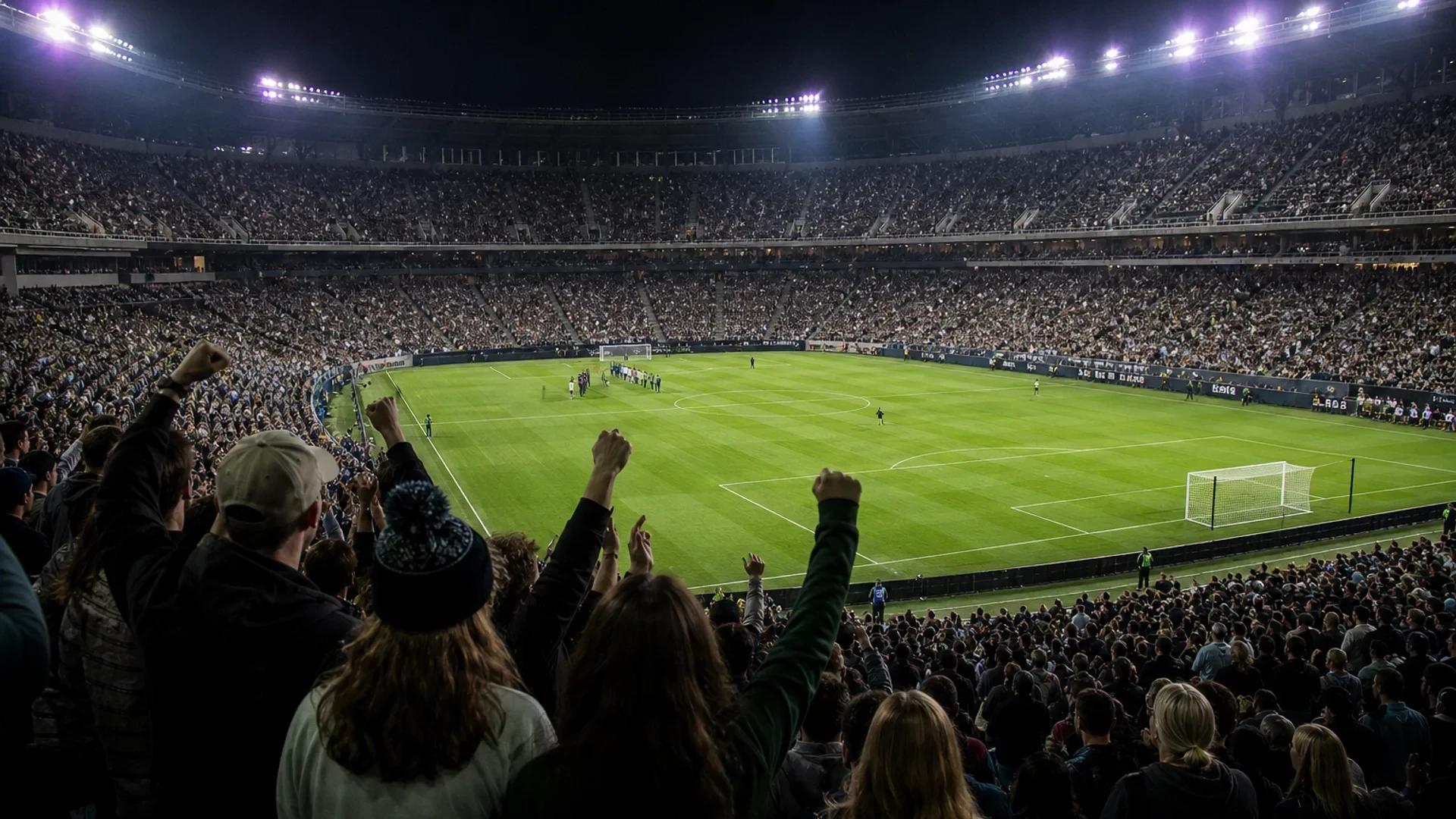 Wide shot of a packed stadium just before a soccer match.