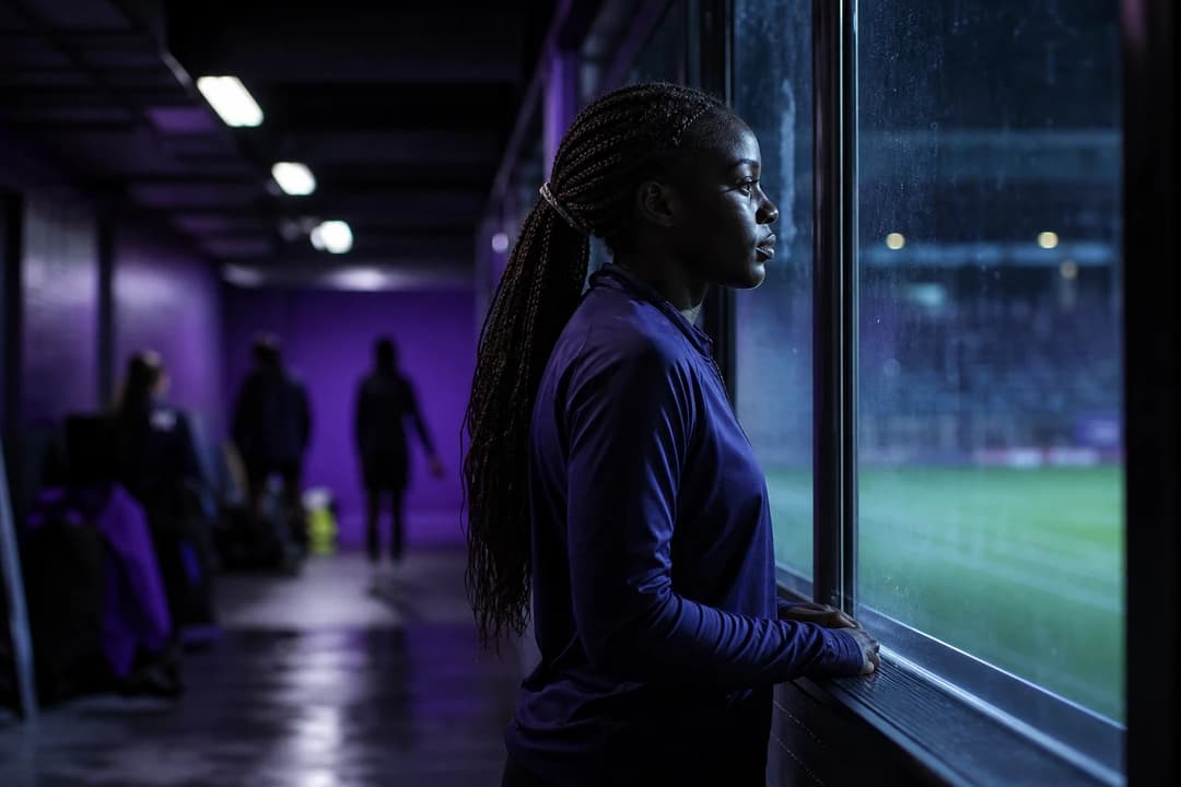 A reflective Karin Muya captured in a stadium tunnel, gazing through glass towards the pitch.