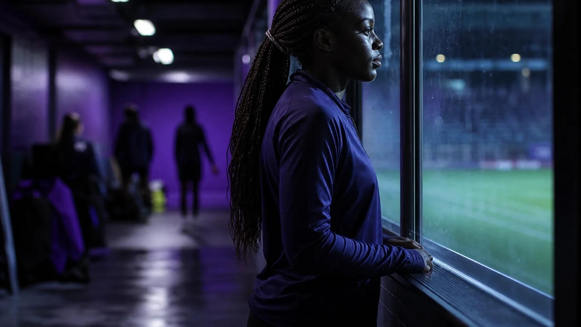 A reflective Karin Muya captured in a stadium tunnel, gazing through glass towards the pitch.