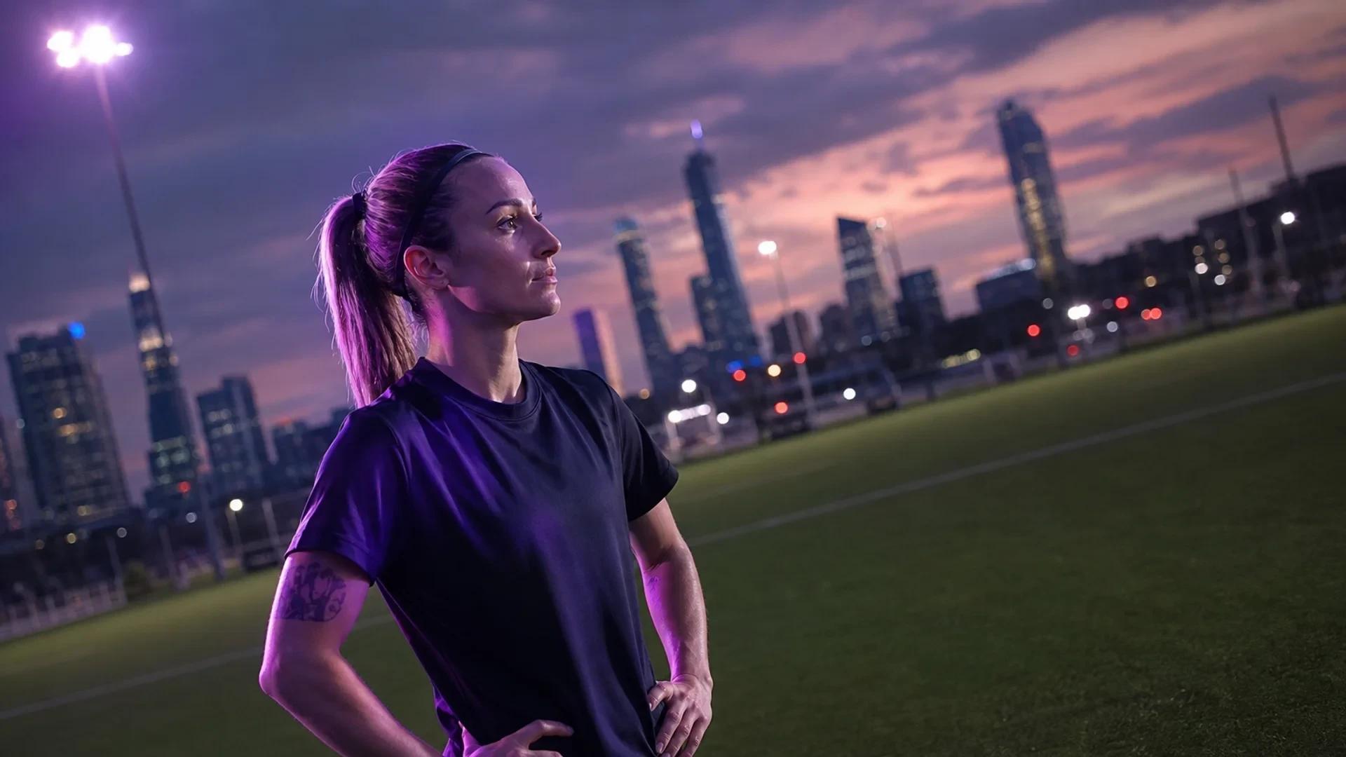 Esther González stands thoughtfully on the training pitch of Gotham FC, with the skyline of New Jersey in the background at dusk.