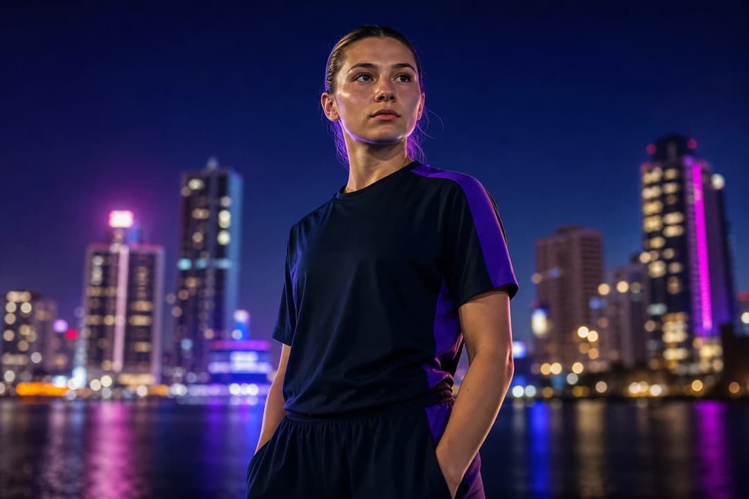 A young female soccer player stands confidently against a San Diego city skyline at dusk.