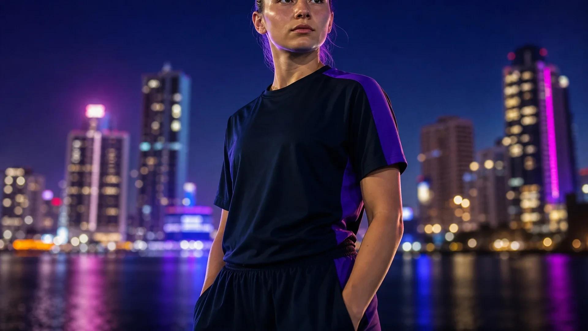 A young female soccer player stands confidently against a San Diego city skyline at dusk.