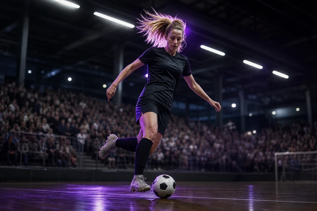 A women's football player in a cold-lit sports hall dribbling a ball, with blurred fans in the background.