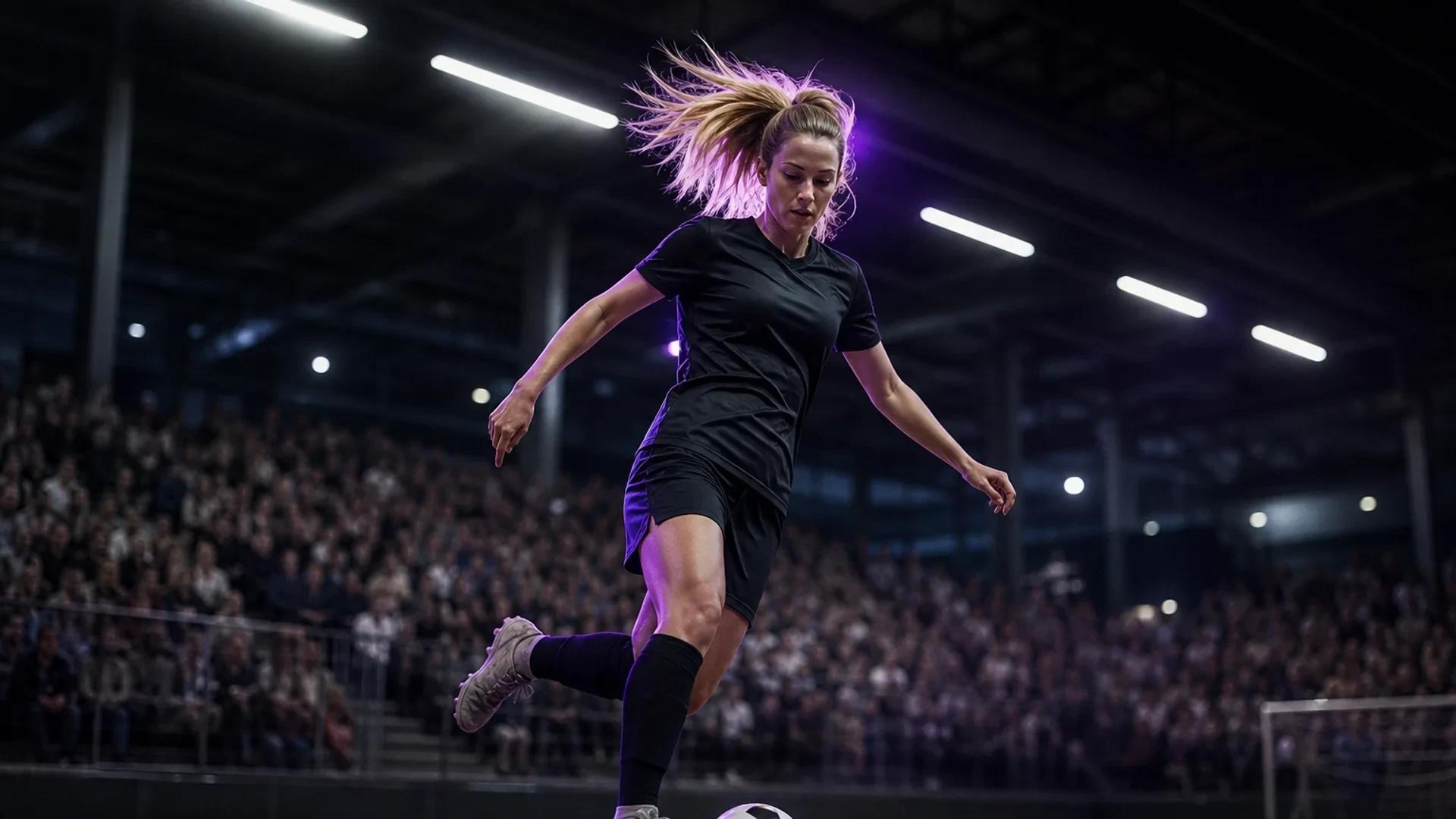 A women's football player in a cold-lit sports hall dribbling a ball, with blurred fans in the background.