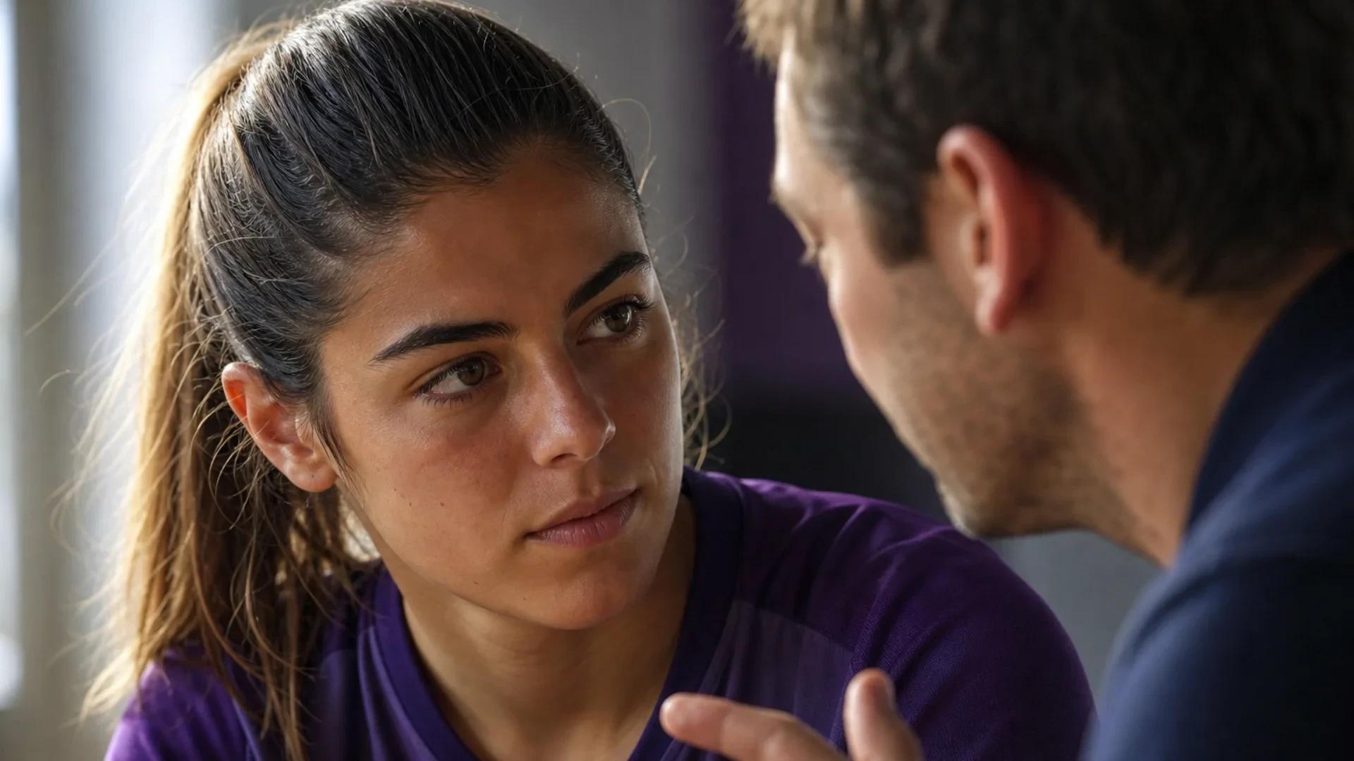 Marianna Seidl and her coach engaged in a tactical discussion in a training room.