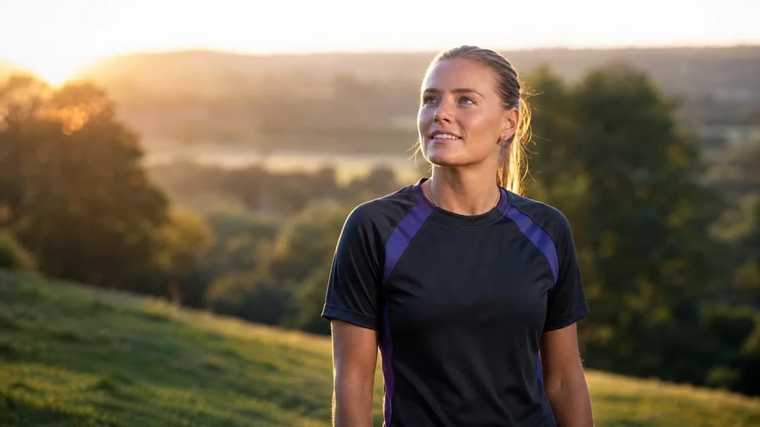 Olivia Fergusson stands thoughtfully on a hill, illuminated by golden hour light.