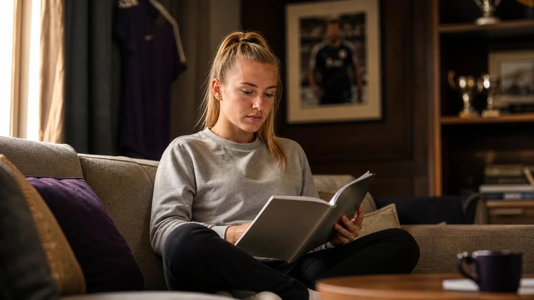 A young female footballer reviewing playbook in a softly lit room.