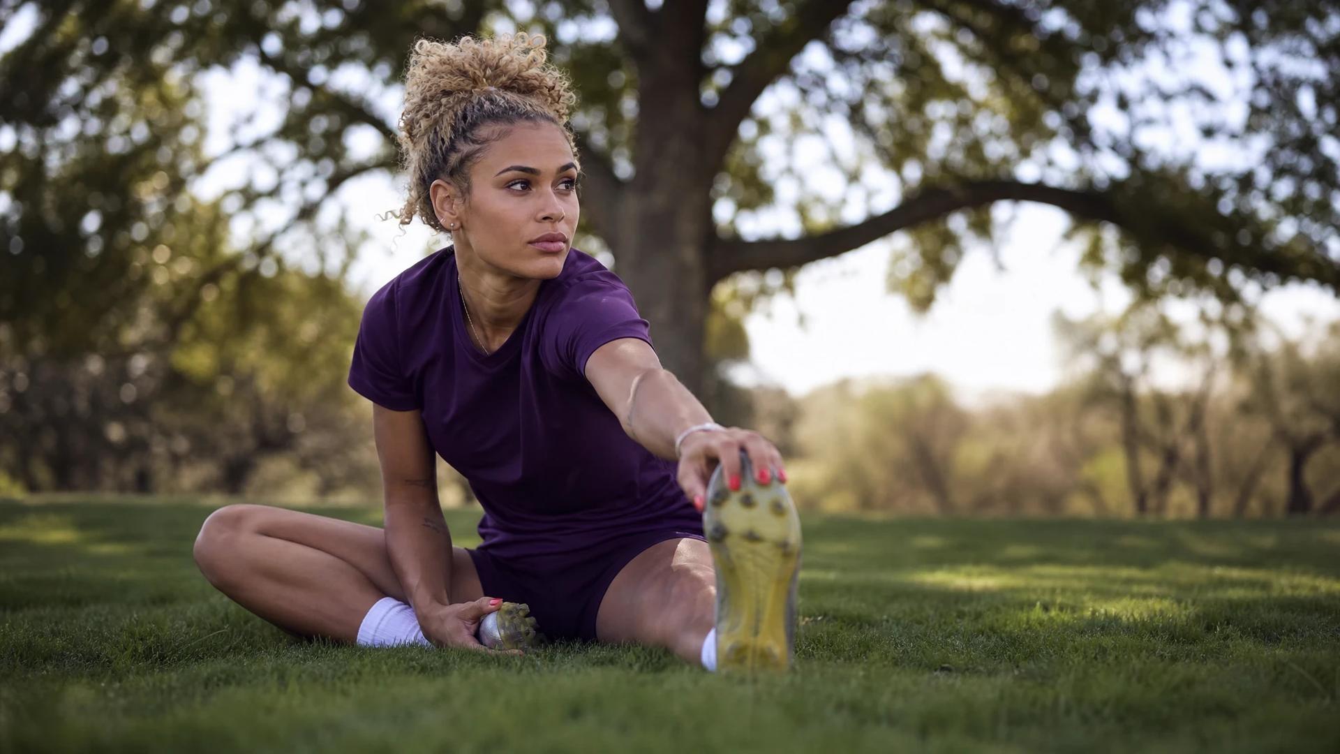A young female athlete stretches on the grass under dappled sunlight.