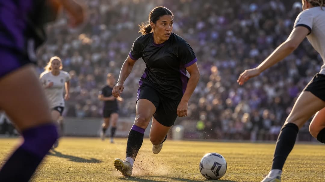 A dynamic sports scene featuring Sam Kerr in action on the field.