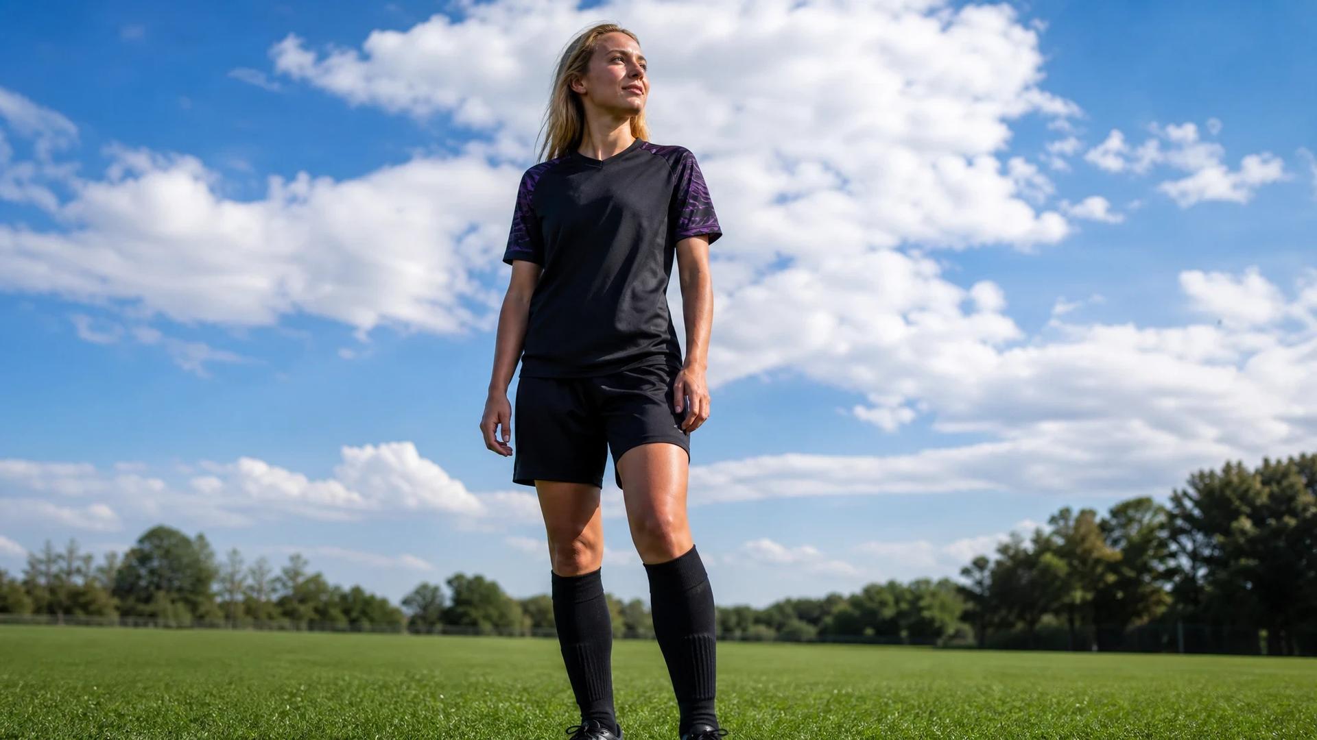 A silhouette of footballer Luca Papp against a bright sky at midday, standing alone on a football pitch.