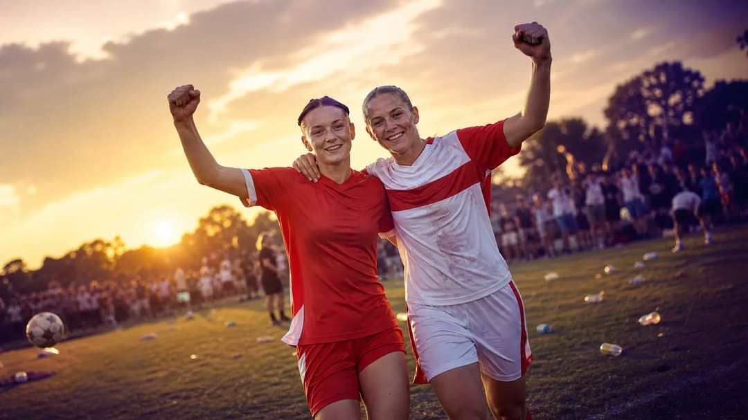 Two newly promoted female football players celebrate after a match as the sun sets behind them.