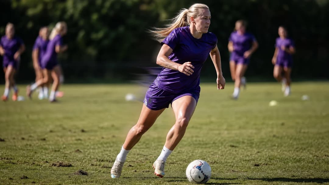A female football player dribbling the ball during training under harsh midday sunlight.