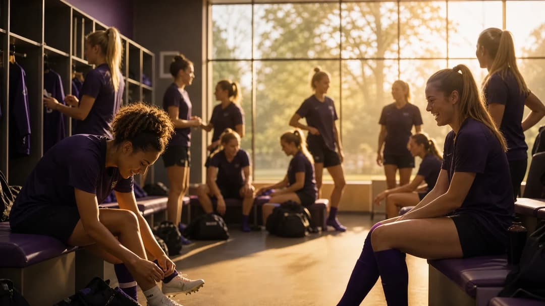 Female football players preparing in a locker room filled with golden-hour light.