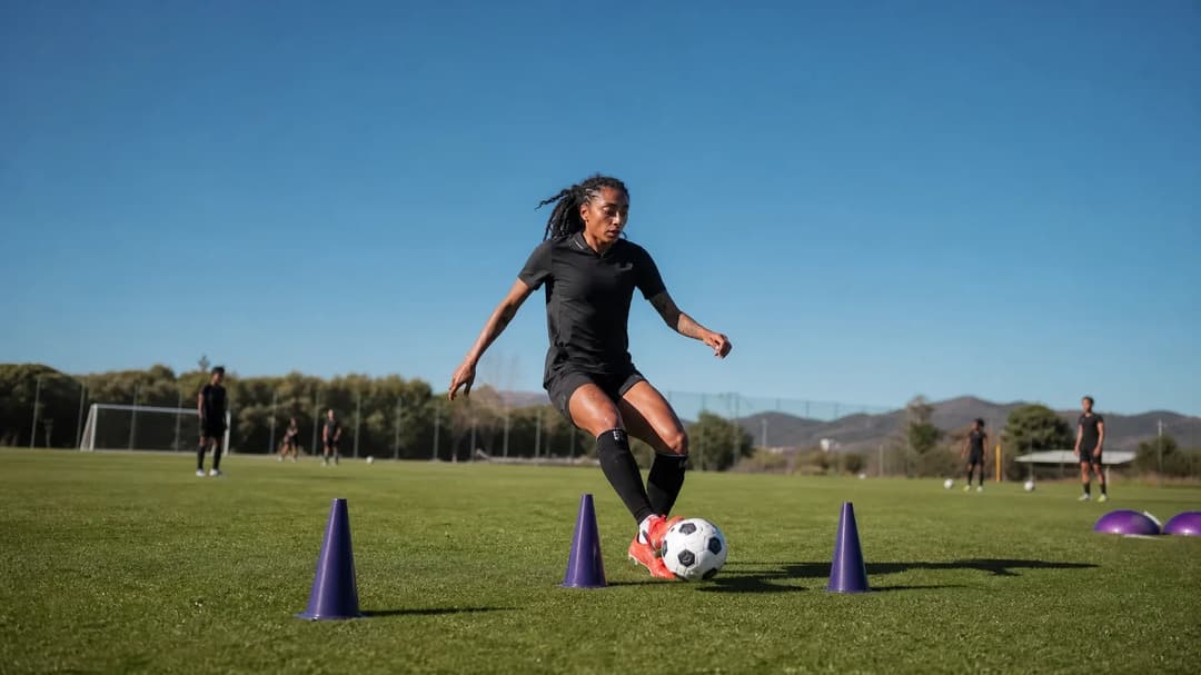 A Brazilian forward, Kerolin Nicoli, practices her dribbling skills on a training pitch under midday sun.