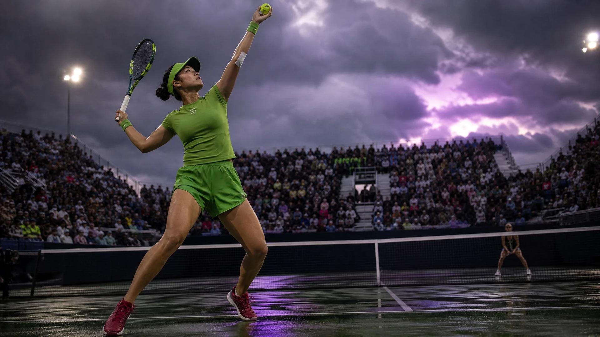 A poised Alex Eala prepares to serve during a tense match at the Mubadala DC Open, with spectators in the background under a stormy sky.