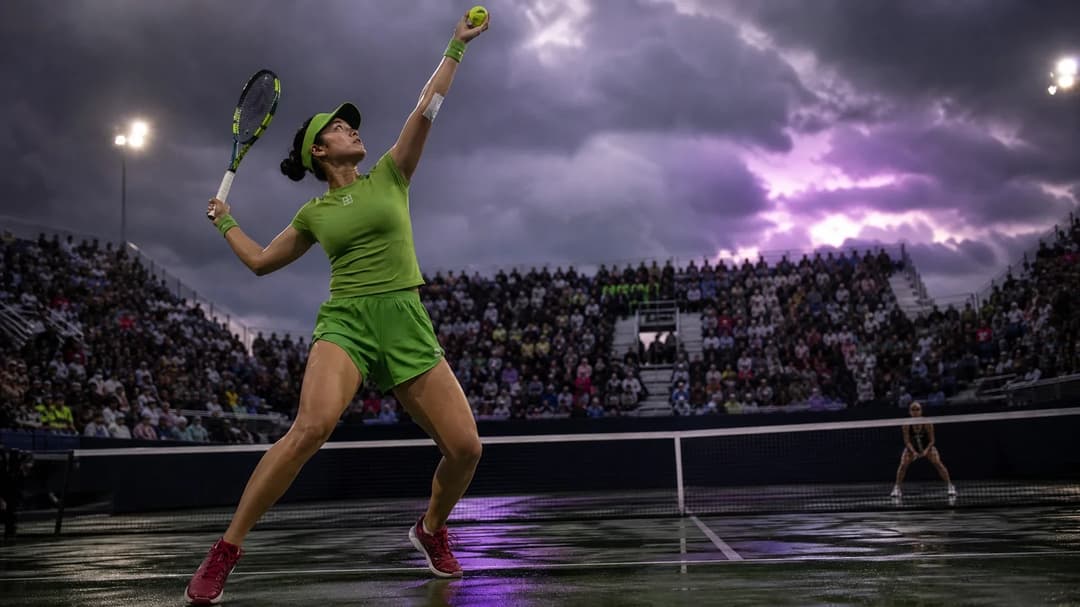 A poised Alex Eala prepares to serve during a tense match at the Mubadala DC Open, with spectators in the background under a stormy sky.