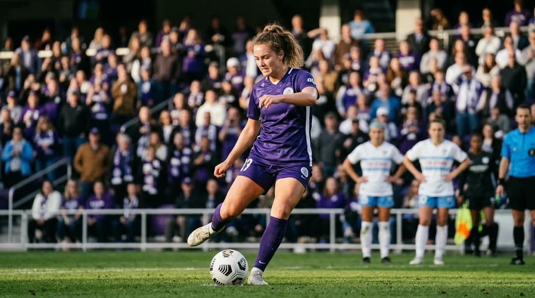 A close-up of Maja Lardner preparing for a penalty kick during a tense match between Racing Louisville and Chicago Red Stars.