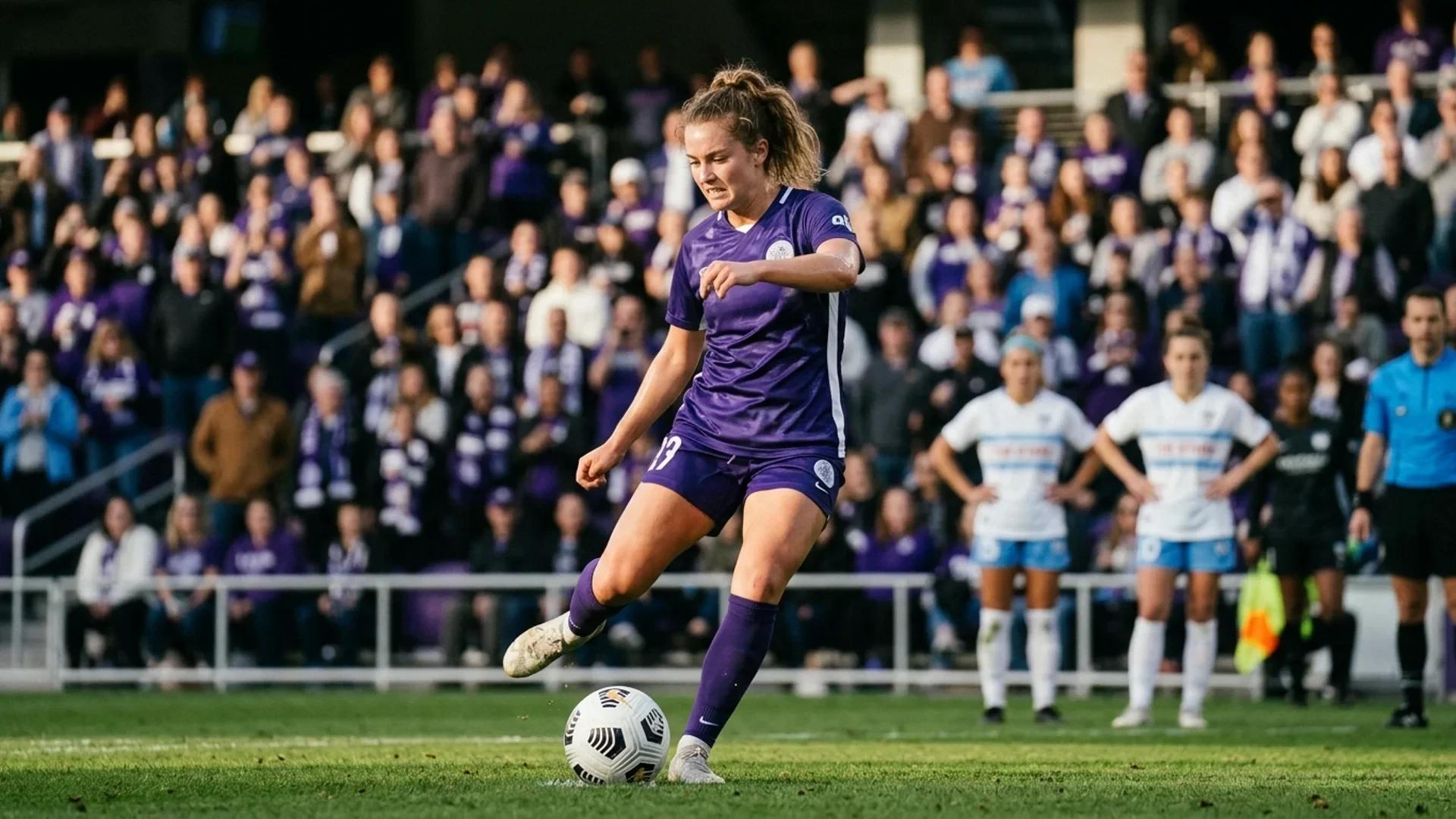 A close-up of Maja Lardner preparing for a penalty kick during a tense match between Racing Louisville and Chicago Red Stars.