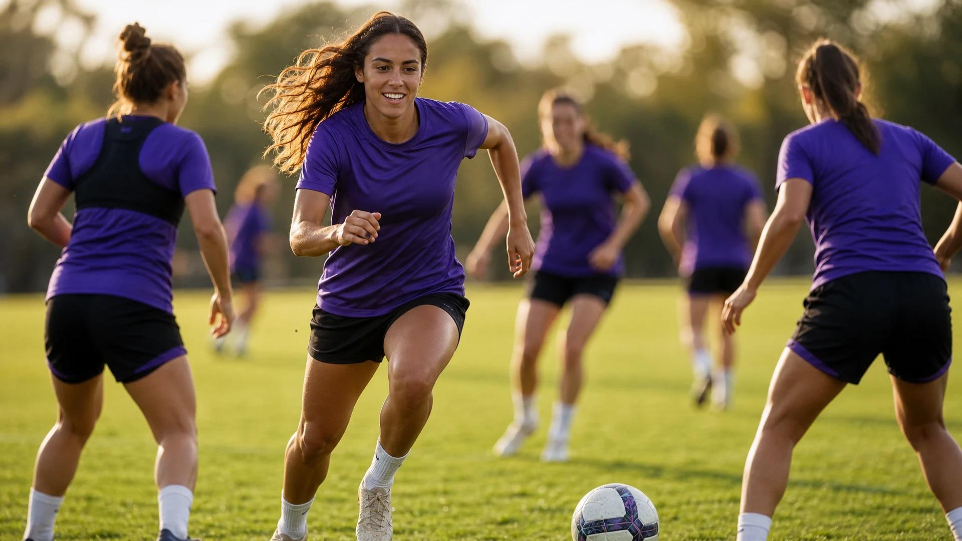 A female football player in action on a pitch during training.