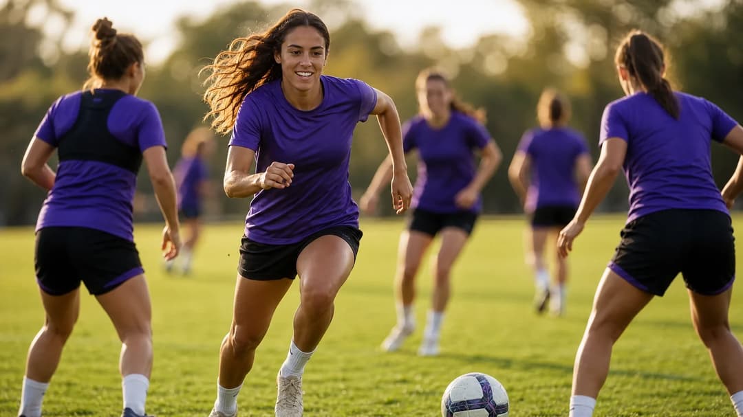 A female football player in action on a pitch during training.